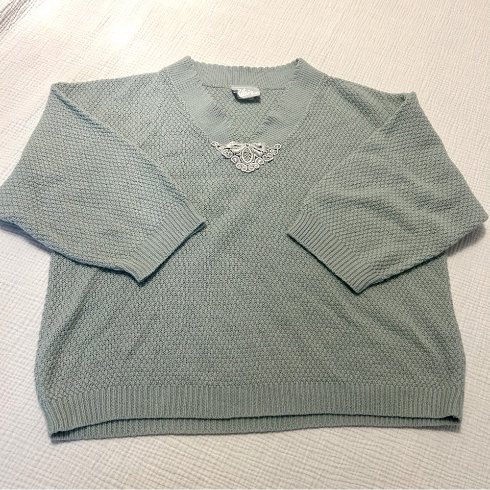 Vintage Blair Grey Waffle Knit Embellished V-neck Boxy Sweater Sz Medium Large